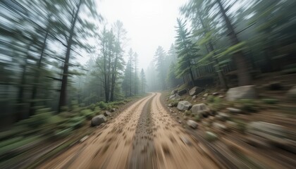 Fototapeta premium Blurred Motion of a Scenic Forest Road A Moving Vehicle's Perspective