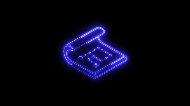 Glowing neon treasure map icon 4k  isolated on black background. HD Video motion graphic animation