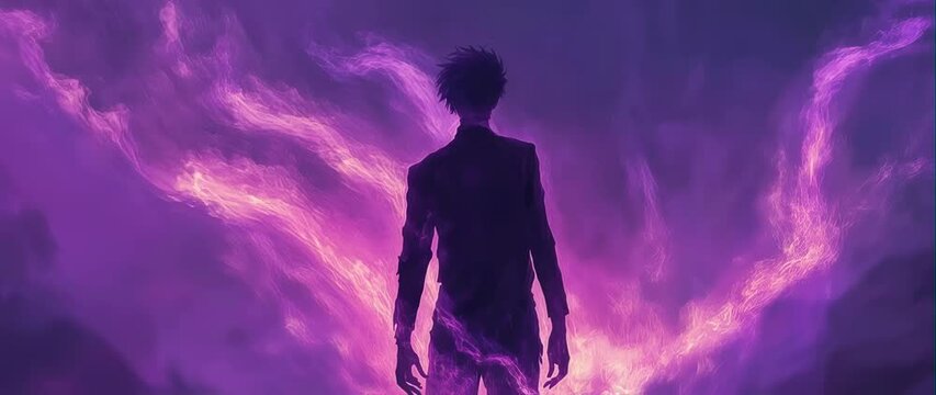 Anamorphic video of Mysterious Boy Purple Aura Animation, A sinister boy in the anime style 