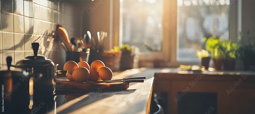 Aufkleber feature a modern egg boiler on the left with defocused breakfast background and clear copy space on 