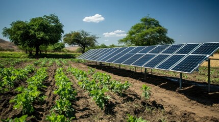 Innovative agriculture: Solar panels powering irrigation in a rural landscape