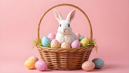 White rabbit in a wicker basket with pastel Easter eggs, ideal for spring, Easter holidays, and festive greeting card designs.Easter decoration with white bunny and multicolor eggs in a basket,