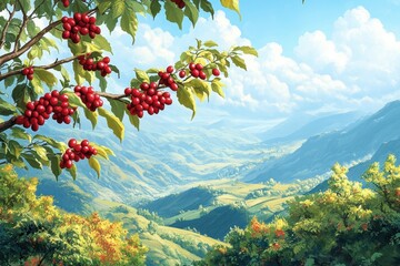 Coffee cherries grow in a mountain landscape on branches. Good image to illustrate coffee production and agriculture.