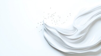 Smooth, flowing, white substance on a white background, with scattered small particles