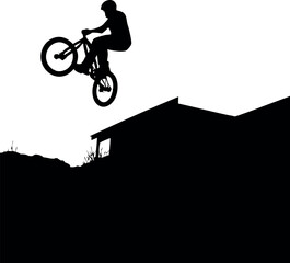 Silhouette of Cyclist Jumping Down Stairs on Bike, Extreme Sports Adventure Black