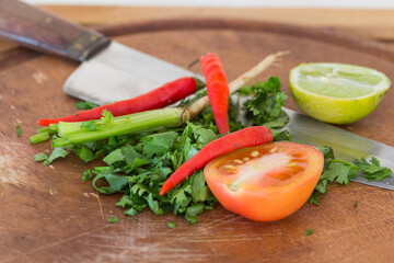 Chopping fresh ingredients for spicy salsa kitchen culinary art indoor close-up flavorful cooking