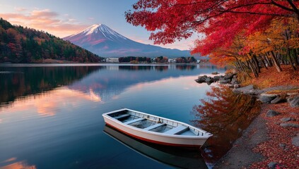 Fototapeta premium A beautiful autumn scene of Mount Fuji with red leaves, featuring the lake and a small boat in the foreground