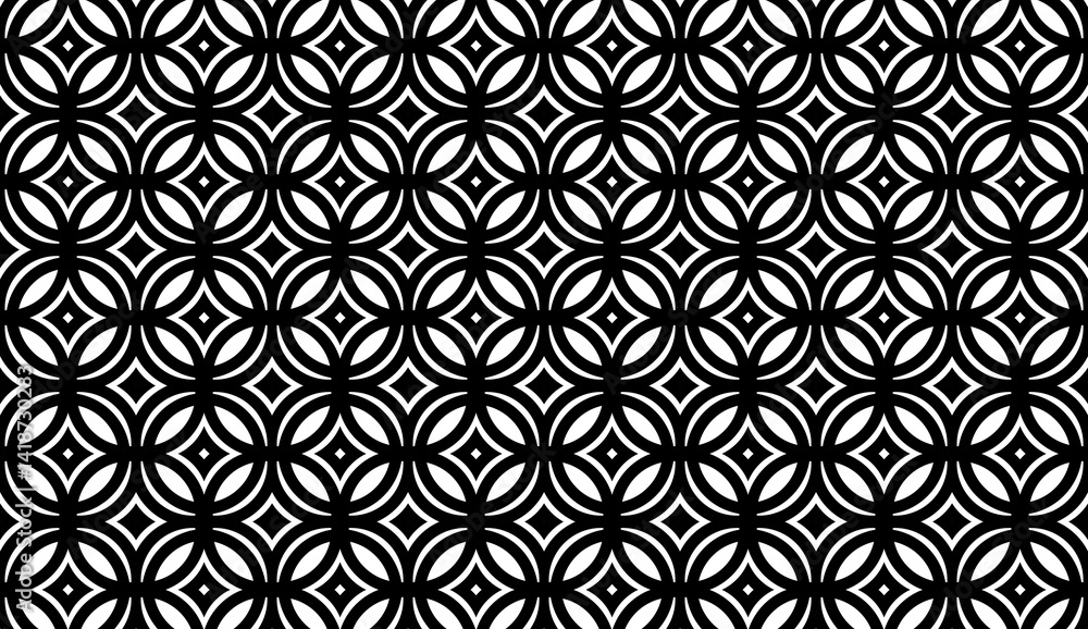 Poster mesmerizing black and white geometric pattern forming optical illusion with intersecting circles and