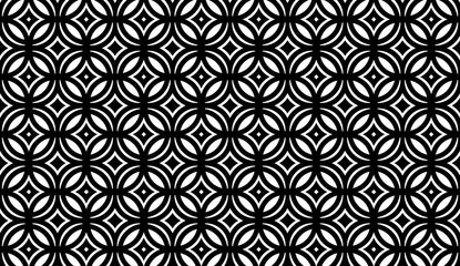 Mesmerizing black and white geometric pattern forming optical illusion with intersecting circles and squares, ideal for backgrounds and decorative projects