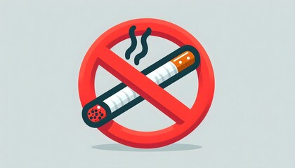 Flat vector icon for World No Tobacco Day, with a cigarette and red prohibition sign, clean design with bold health message on a soft gray background.
