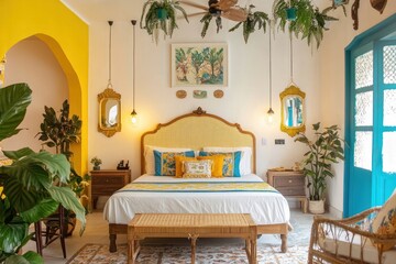 A well decorated bedroom featuring an elegant bed and lush plants