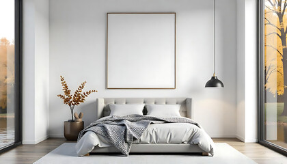 Minimalist Bedroom Interior with Blank Poster on White Wall, Minimalistic light bedroom with blank white wall art mockup.Blank Scandinavian interior poster template, created with generative ai