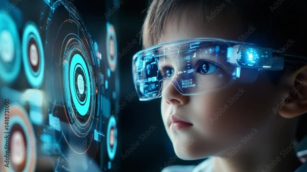 Poster child exploring augmented reality: a curious child wearing futuristic augmented reality glasses, exp
