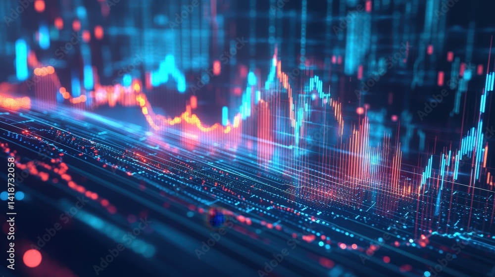 Poster 3d graph of real-time stock market data, with financial analytics dynamically changing in a glowing 