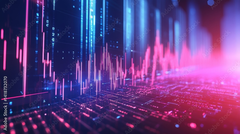 Poster 3d graph of real-time stock market data, with financial analytics dynamically changing in a glowing 