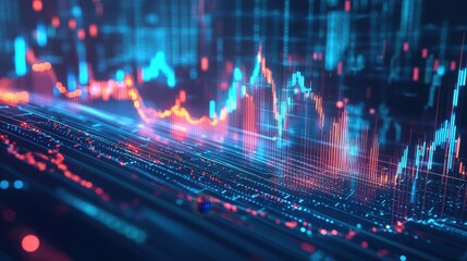 3D graph of real-time stock market data, with financial analytics dynamically changing in a glowing environment.