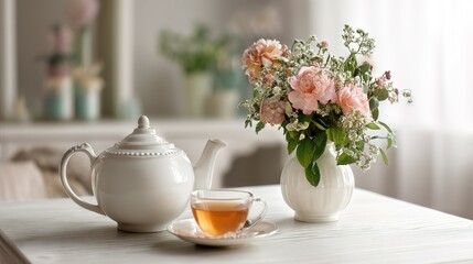Fototapeta premium Delicate floral arrangement beside a tea set on a white table.