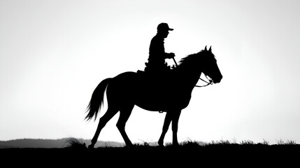 Obraz premium Silhouette of a cowboy riding a horse depicted in black and white.