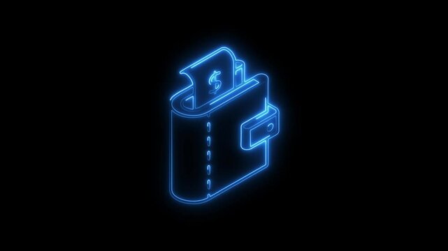 Glowing neon wallet icon 4k, isolated on black background. HD Video motion graphic animation