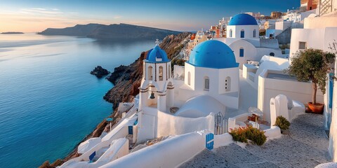 Warm light in the evening sky over Santorini's white buildings and blue domes, a church with stained glass windows overlooking the sea