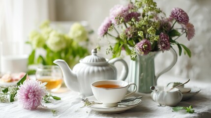 Elegant floral tea service arrangement on a light table.