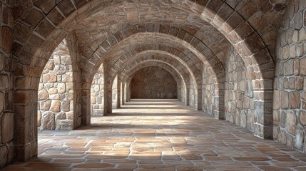 Obraz premium Stone arched hallway with repeating arches and stone flooring
