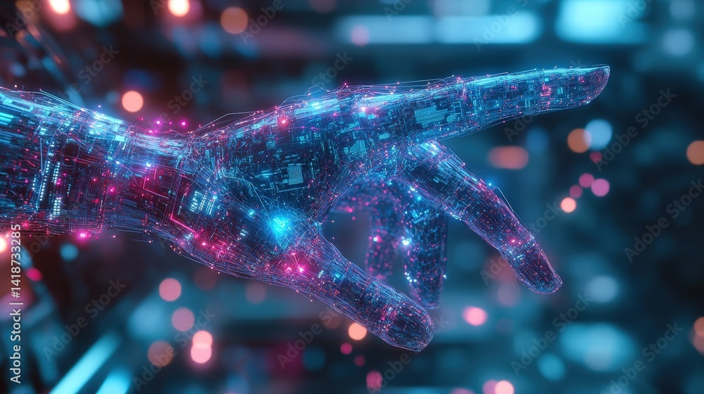Poster 3d-rendered ai hand made of interconnected neural circuits, floating in a futuristic cyber environme
