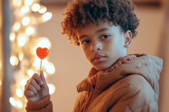 Valentine's day greeting and funny gift. Serious face cute mixed-race juvenile boy with small lollipop heart in hands. Cute valentine's gift. Playful baby with love theme. Valentine's baby jo. - Powered by Adobe