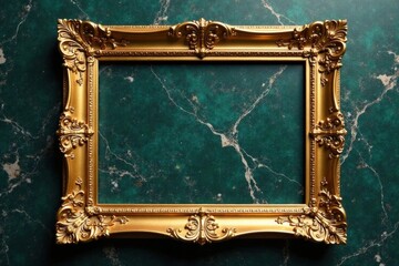 Golden frame with ornate floral patterns rests on a luxurious marble background, flower, grandeur, ornate