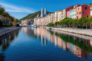 Naklejka premium A panoramic view of Savannah, featuring the colorful medieval buildings along its riverbank and church spires standing tall in front of it