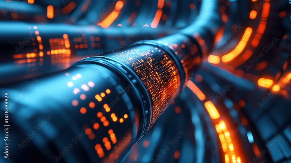 Poster 3d-rendered futuristic pipeline transferring vast amounts of digital data between high-speed network