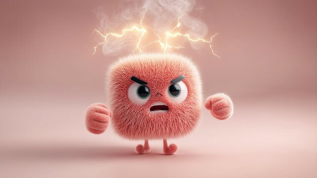 Furious fluffy cube character displays anger.