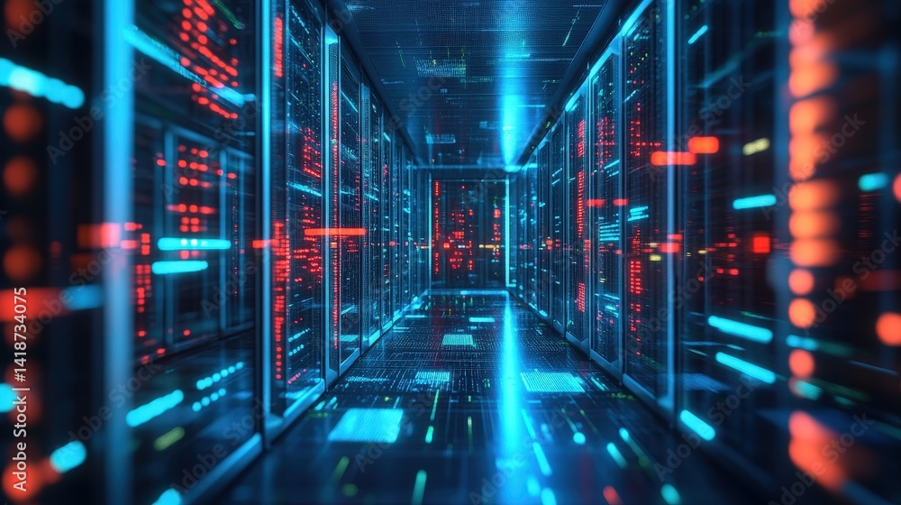 Poster a 3d-rendered illustration of big data processing, with massive digital servers and data nodes