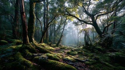 Misty forest path. Sunlight filters through ancient trees. Lush greenery and moss-covered ground