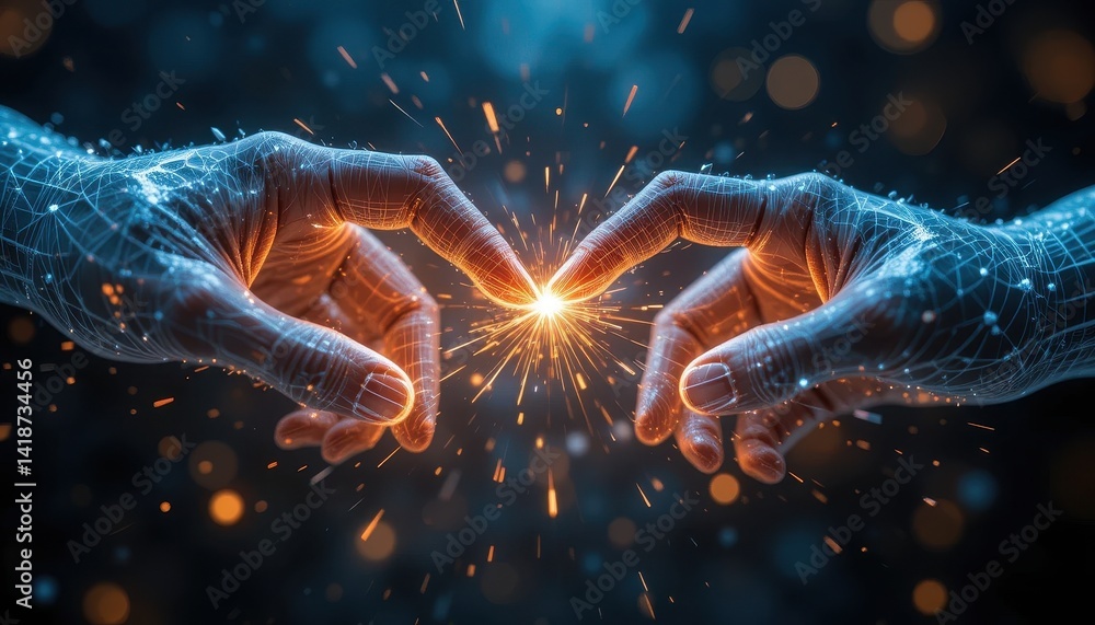 Poster digital and real worlds unite a close-up of intertwined hands with sparkling energy