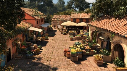 Vibrant village market square brimming with fresh produce and rustic charm