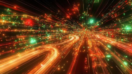 Fototapeta premium Futuristic digital city lights streak in the darkness. Use for tech, data visualization, or futuristic backgrounds.