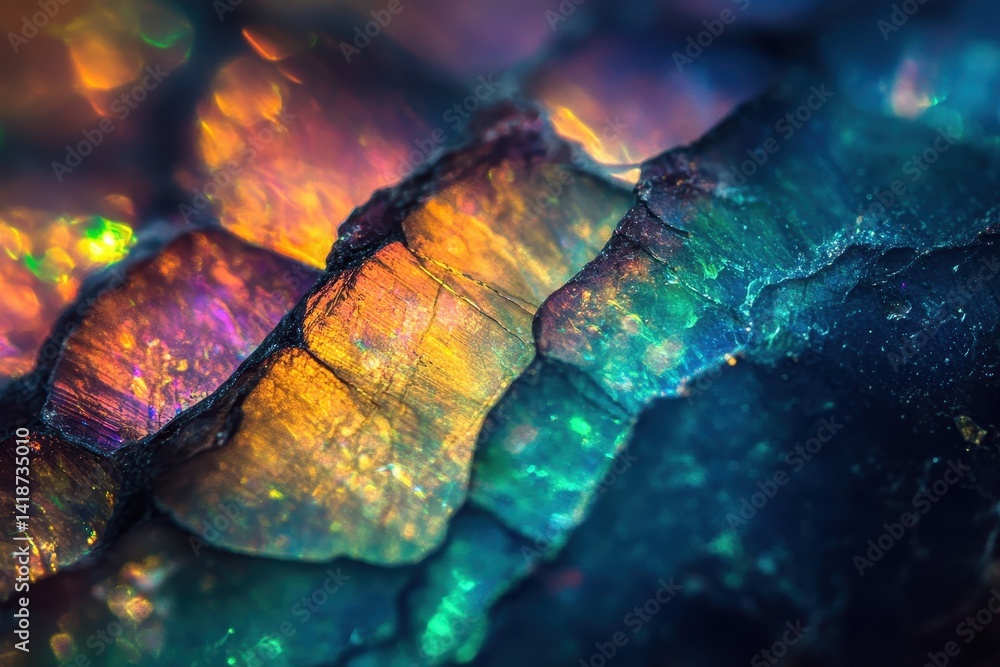 Poster macro image of a colorful stone with iridescent, layered texture. great for backgrounds, or to illus