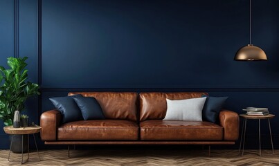 A stylish living room with brown leather couch and blue walls