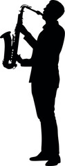 Silhouette of an African American Man Playing Saxophone in Suit, Full Body Shot