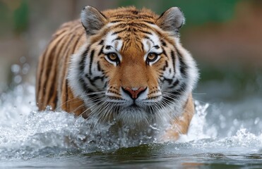 Obraz premium A tiger is running through the water, with superb motion capture photography