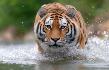 Fototapeta premium A tiger is running through the water, with superb motion capture photography