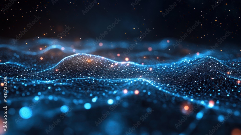 Poster abstract network landscape with glowing particles for data visualization