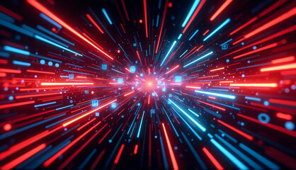 Fototapeta premium Abstract representation of high-speed data transfer or space travel with glowing lines and dots