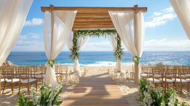 beachside wedding hall with open-air seating, soft linen drapes, and a breathtaking ocean view