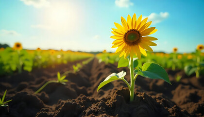 young green plant growing in fertile soil under sunlight, symbolizing sustainability and growth, a symbol of renewal and sustainable agriculture, created with generative ai