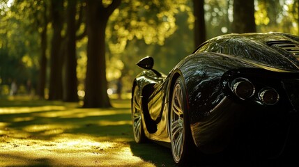 A sleek black sports car parked under trees in a sunlit park. Its design shines in the warm light of the day, showcasing elegance and speed.