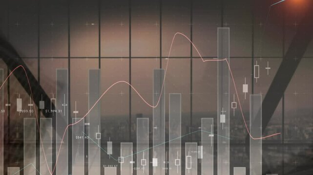 Animation of statistical data processing over view of cityscape from office