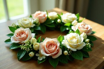 Obraz premium Floral wreath with lush greenery and pastel flowers, placed on a wooden table, surrounded by soft natural light , card, invitation