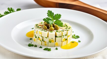 A gourmet dish featuring stacked panna cotta rounds drizzled with olive oil, garnished with parsley and olives on a white plate
